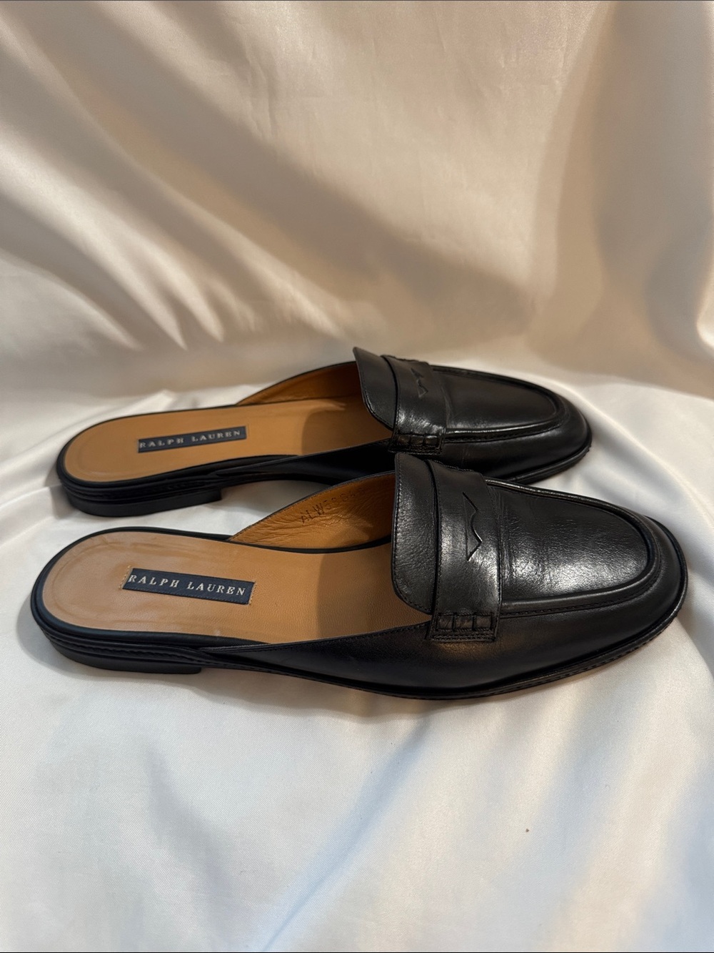 Ralph Lauren Women’s 8.5B Wynnie Penny Loafer Mules Black Leather Preppy
